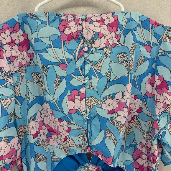 Milk & Honey Women’s Medium Pink & Blue Floral Mini Dress open Back v-neck - Picture 4 of 9